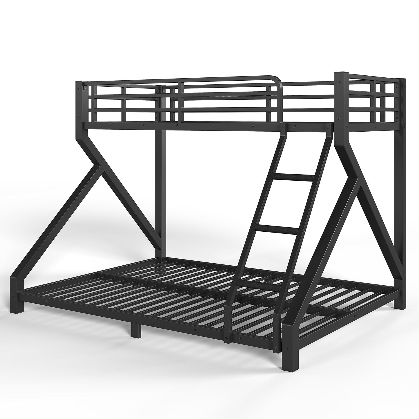 Bellemave Twin XL Over Queen Bunk Bed Frame with Noise Reduced Design, Low Profile Bunk Bed with Ladder and Fence, Heavy Buty Bunk Beds for Adults, Teens