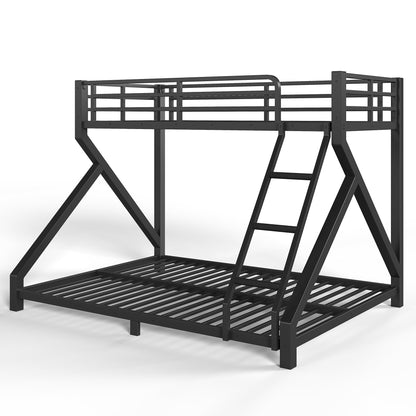 Bellemave Twin XL Over Queen Bunk Bed Frame with Noise Reduced Design, Low Profile Bunk Bed with Ladder and Fence, Heavy Buty Bunk Beds for Adults, Teens