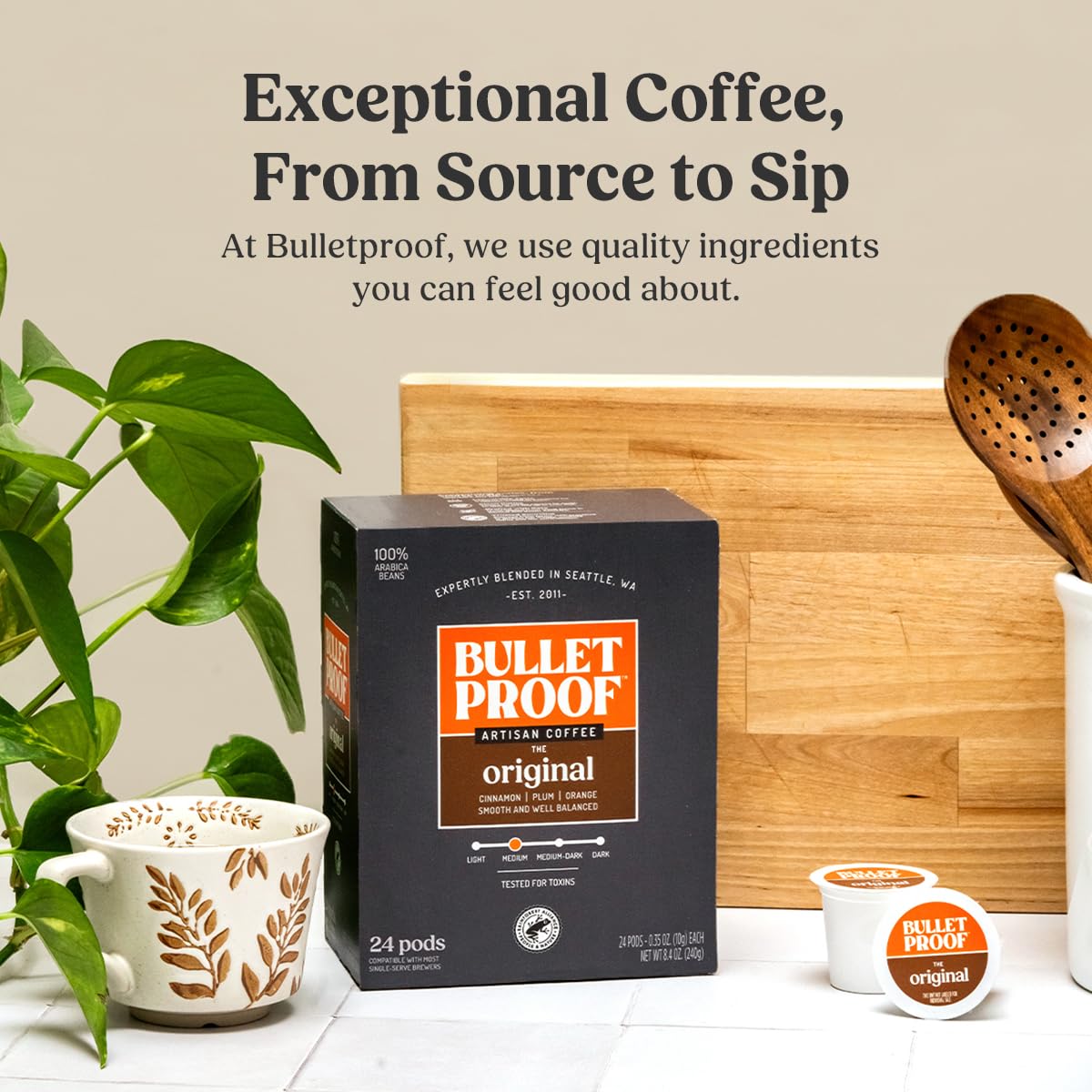 Bulletproof Original Medium-Roast Single-Serve Coffee Pods, 24 Count, 100% Arabica Beans, Clean Coffee Tested for Toxins, Packaging May Vary