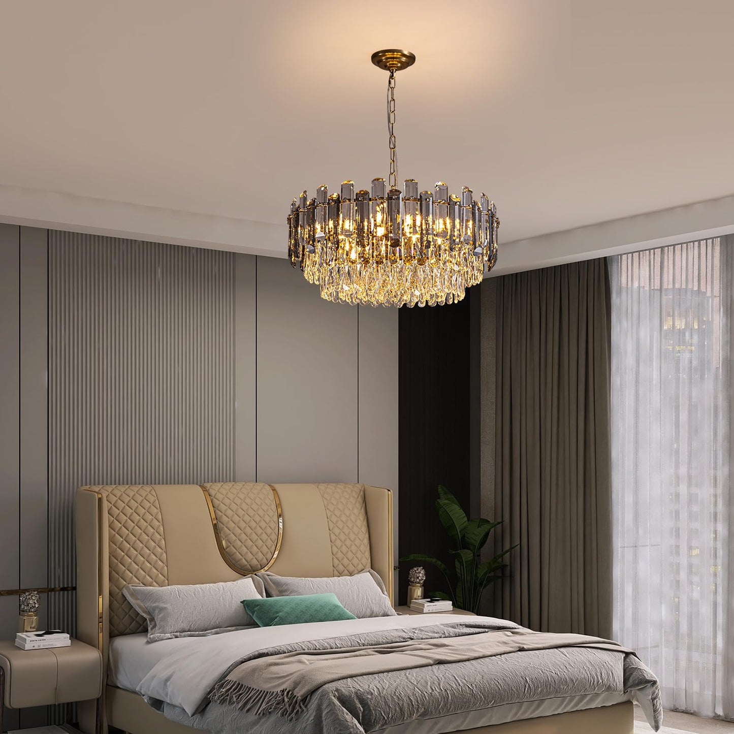 7PM Gold Crystal Chandeliers, 24-inch 4-Tier Modern Crystal Chandelier for Dining Room, Luxury Crystal Pendant Light Ceiling Light Fixture for Living Room Kitchen Island Bedroom Entryway, Brass Finish