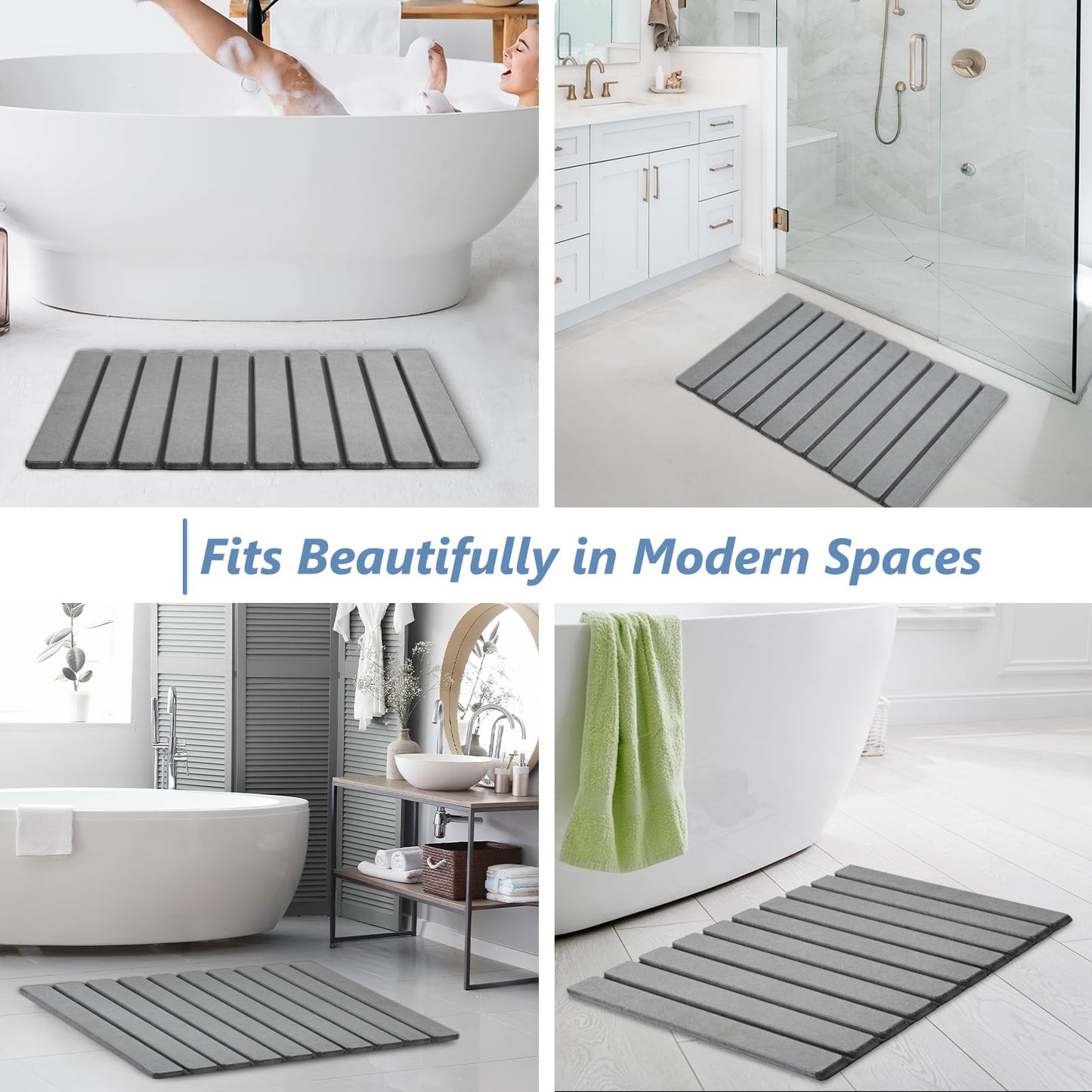 AWW Foldable Stone Bath Mat, Super Absorbent Diatomaceous Earth Mats, Non-Slip 23.6 x 15.5 Inch Quick Drying Mat, Compact and Easy to Store Bath Mats for Bathroom, Easy to Clean, Grey