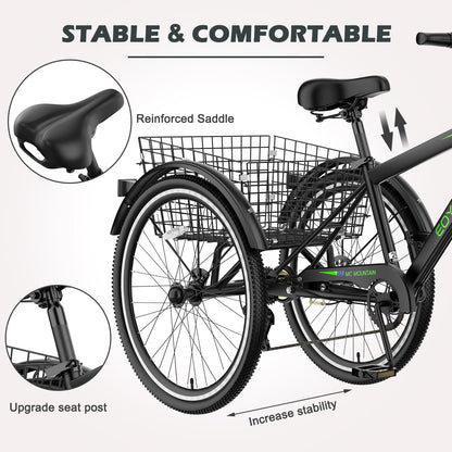 H&ZT Adult Tricycle, 3 Wheeled Bike, Trike Cruiser Bike, with 7-Speed Gear, Parking Brake Handle, Low Step, Large Rear Basket, Elderly Friendly, for Men, Women, and Teens