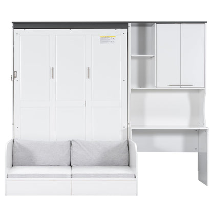 Merax Farmhouse Multi-Functional Murphy Bed with Sofa, Desk & Storage Cabinet,Solid Wood Foldable Wall Bed/Space Saving/No Box Spring Needed/Full,White + Gray