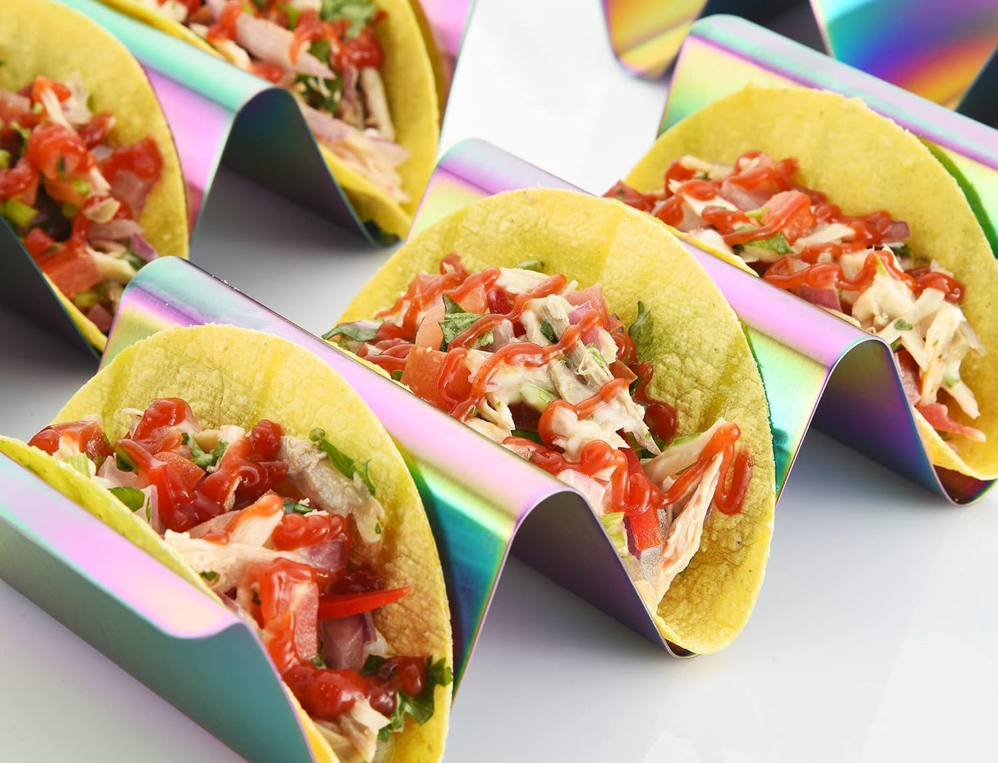 ARTTHOME. Taco Holder Set of 4 Titanium Plated – Taco Stand for 3 Tacos, Soft Taco Shell Holder, Vibrant Tray for Tacos, Burritos, Nachos & Fajitas – Sturdy & Stylish Design (AT-2021419-TH-2)