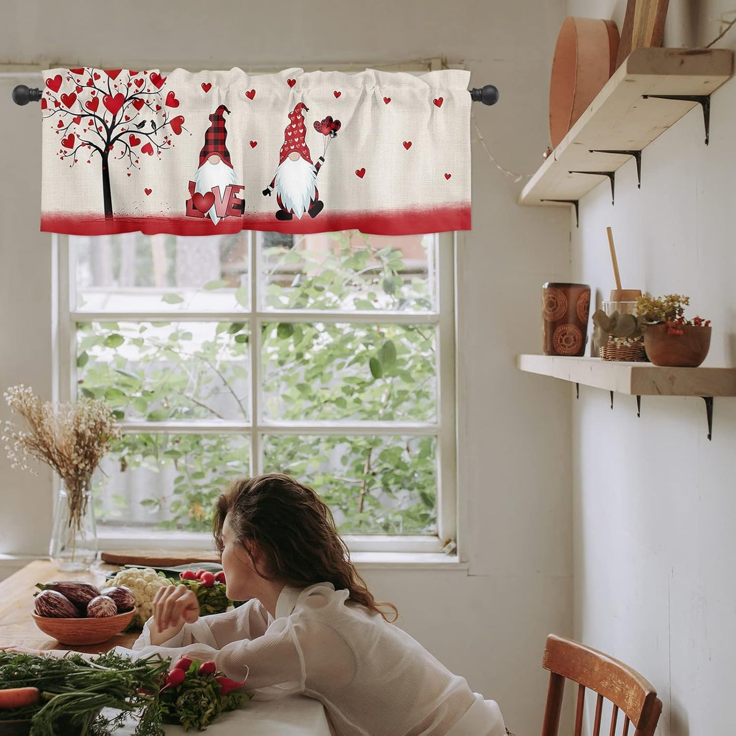 ALAGEO Valentines Day Valances for Windows, Gnomes Love Heart Valance Window Treatments for Kitchen Bathroom 54 x 18