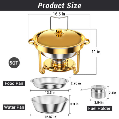 Keyoxy Round Chafing Dishes for Buffet 5 Qt,High Grade Chafing Dish Buffet Set with Stainless Steel Lid & Lid Holder,Full Size Pan,Food Warmers for Parties,Buffet,Wedding, Birthday 4 Pack (Gold)