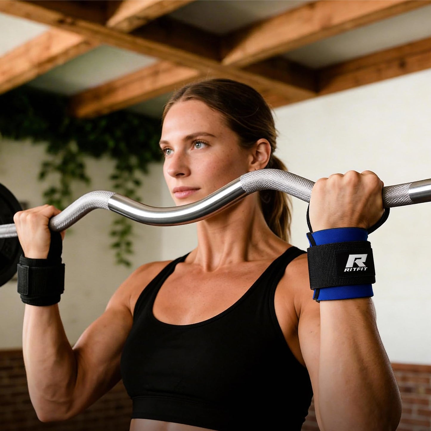 RitFit 2 Inch EZ Curl Bar with Weights, 350LBS Capacity Olympic Barbell for Bicep & Triceps, Home Gym Strength Training,Black with 155LBweights and Wristband