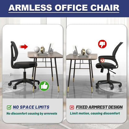 KIZECK Armless Office Desk Chair No Arms with Back Support Rolling Wheels for Home Study Work