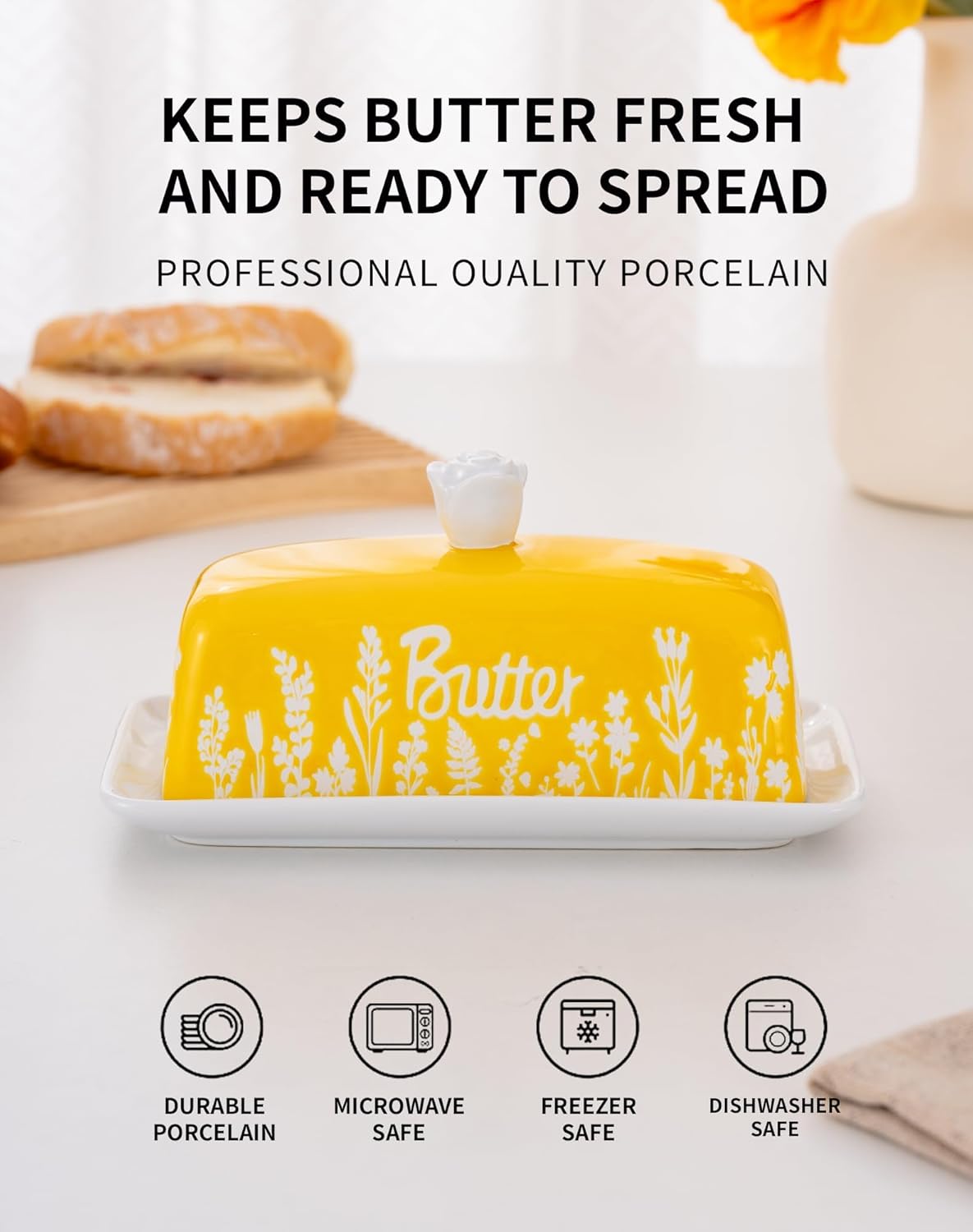 Countertop TEATALK Ceramic Butter Dish, Ideal for Use, Holds Standard Butter Sticks, Yellow