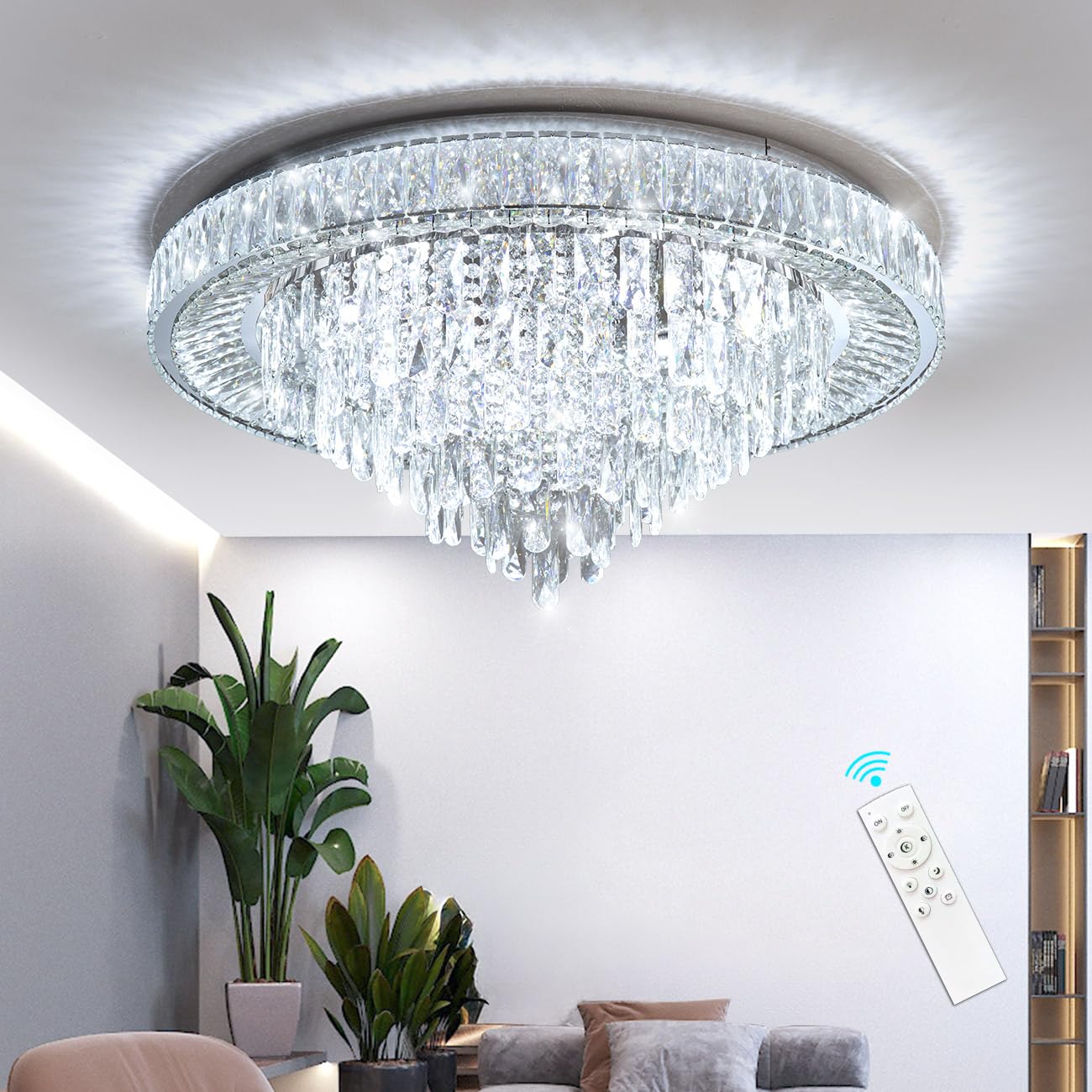 dolria Modern Chandeliers for Living Room Crystal Ceiling Light Fixture LED Dimmable Lamp with Remote Pendant Lighting Flush Mount Ceiling Lighting for Dining Room Bedrooms