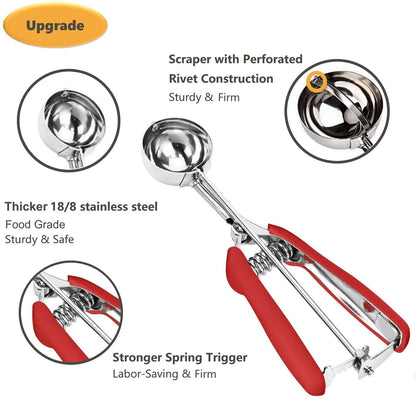 Cookie Scoop Set, 3Pcs Ice Cream Scoop, Cookie Scoops for Baking Set of 3, 18/8 Stainless Steel Cookie Scooper for Baking, Ice Cream Scooper with Trigger Release, Red Soft Grip Cookie Dough Scoop