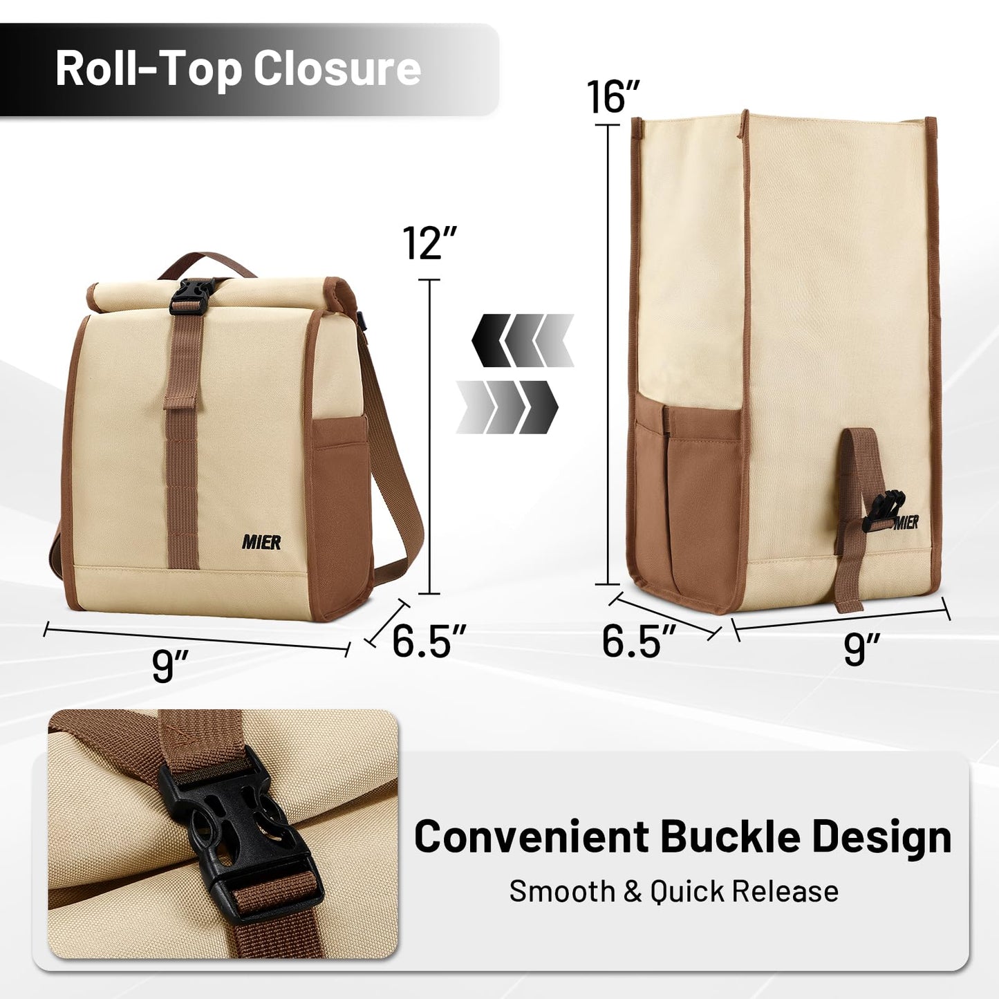 MIER Insulated Lunch Bag Roll Top Lunchbox for Women Men Adults Foldable Rolltop Lunch Tote with Shoulder Strap for Work Office Picnic, Water Bottle Holder, Khaki