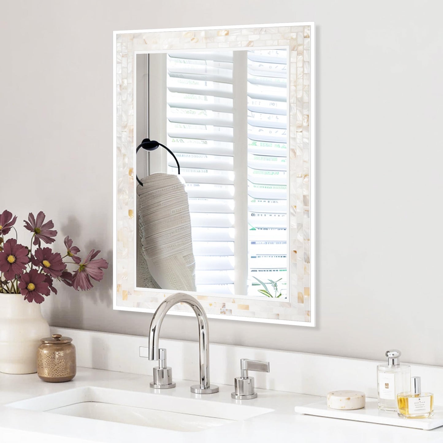 White Framed Bathroom Mirrors for Wall, 20x28 Inch Mother of Pearl Inlay Mirrors with Tempered Glass for Bathroom Bedroom or Living Room (Horizontal/Vertical Hanging)