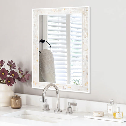 White Framed Bathroom Mirrors for Wall, 20x28 Inch Mother of Pearl Inlay Mirrors with Tempered Glass for Bathroom Bedroom or Living Room (Horizontal/Vertical Hanging)