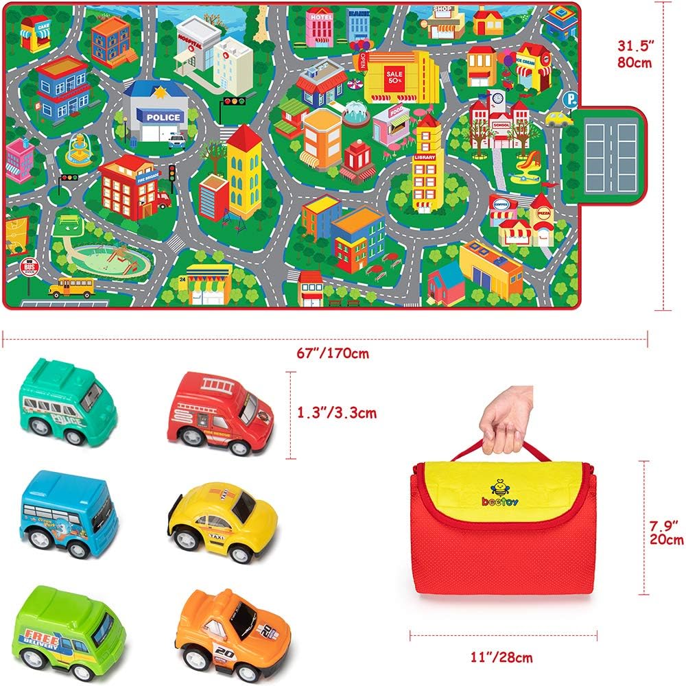 31.5"X67" 6 beetoy Car Rug, Play Mat with Roads for Kids - Portable, Anti-Slip, Educational City Life Traffic Carpet