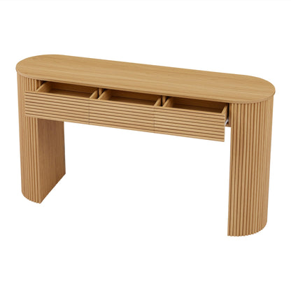 Christopher Knight Home Sara MDF Console Table With Storage, Narrow Entryway Table With 3 Drawers & Table-Leg Niche, Retro Couch Table, Round Slat Aesthetic Sofa Table For Living Room Hallway, Natural