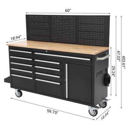 Garvee Rolling Tool Chest, 61 in Garage 10 Drawers Workbench Storage Tool Cabinet with Solid Rubber Wood Top, Power Strip, 1675 LBS Load Mobile Workstation, Heavy Duty Rolling Cabinet, Black
