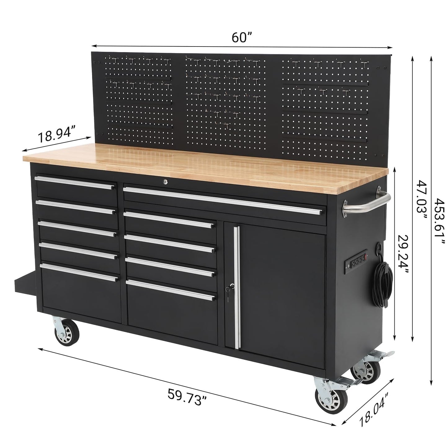61 Inch Rolling Tool Chest with 10 Drawers, Rubber Wood Workbench Top, Anti-Fingerprint Steel, Lockable Wheels & Key Lock, Mobile Storage Cabinet Organizer for Garage & Workshop