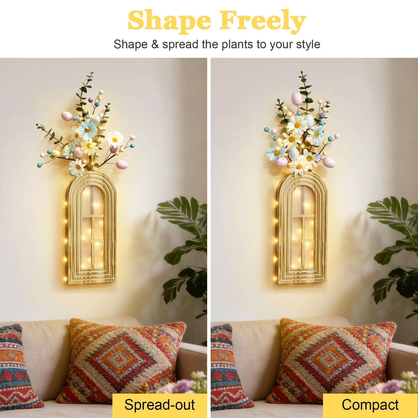 HOMECOR Easter Wall Decor Set of 2 - Boho & Modern Farmhouse Hanging Wooden Vase with Fairy Lights & Artificial Plants, Spring Wall Art for Living Room, Bedroom, Bathroom, Mothers Day Home Decor Gift