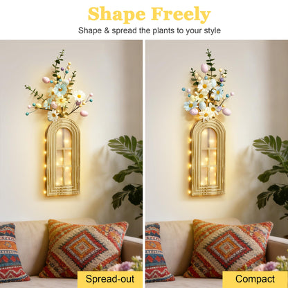 HOMECOR Easter Wall Decor Set of 2 - Boho & Modern Farmhouse Hanging Wooden Vase with Fairy Lights & Artificial Plants, Spring Wall Art for Living Room, Bedroom, Bathroom, Mothers Day Home Decor Gift