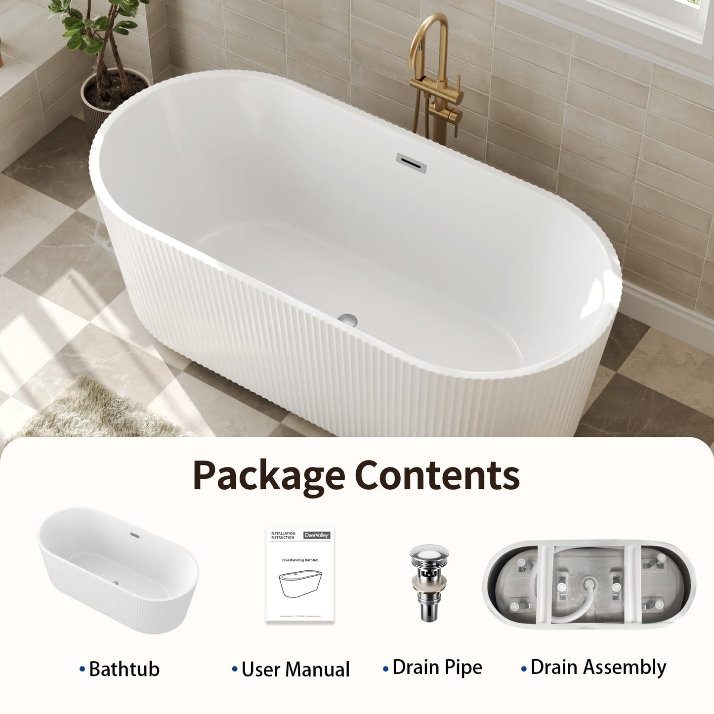 DeerValley 67" Acrylic Freestanding Bathtub, Easy Install Standalone Deep Soaking Tub with Fluted Design, Modern Ergonomic Shower Tub with Center Drain in White, DV-1T0583