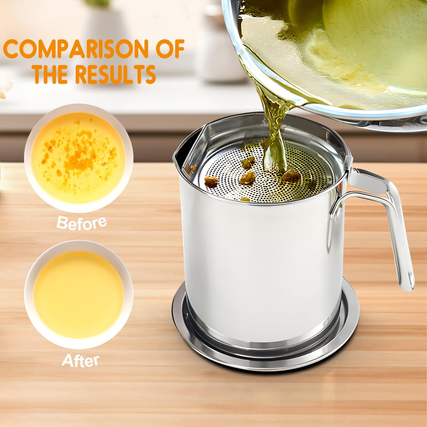 Chihee Grease Container Stainless Steel Bacon Grease Saver with Fine Mesh Strainer 2L / 67.6 fl oz Cooking Oil Keeper Stoarge Can with Dust-proof Lid Non-slip Tray for Kitchen Frying