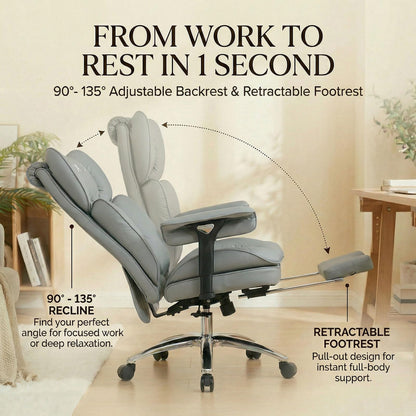 Efomao Big & Tall Executive Office Chair with Footrest - 400lbs Heavy Duty High Back PU Leather Desk Chair, Modern Ergonomic Reclining Computer Chair, Grey