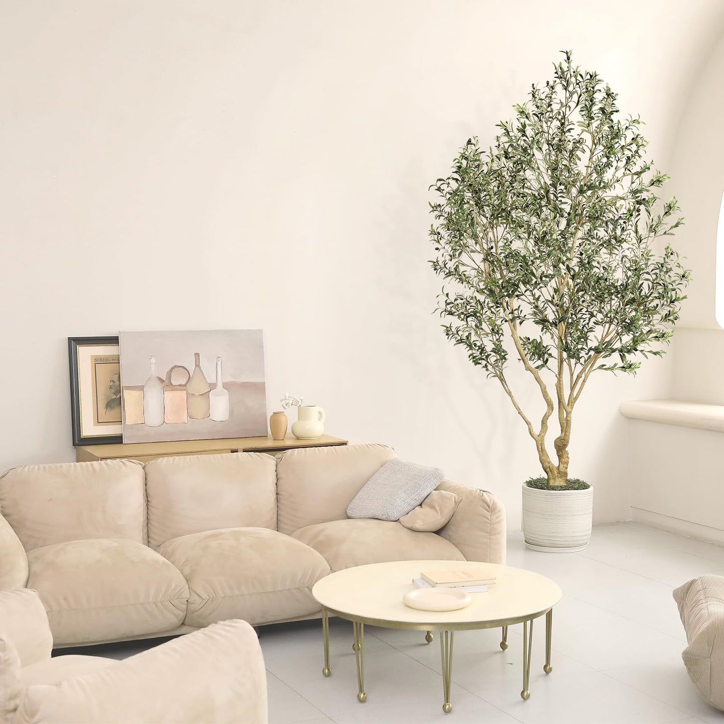 Realead Artificial Olive Tree 9ft - Large Faux Olive Tree with Realistic Leaves and Olives - Full and Grand Design Fake Olive Tree with Sturdy Base for Indoor Home Office Decor