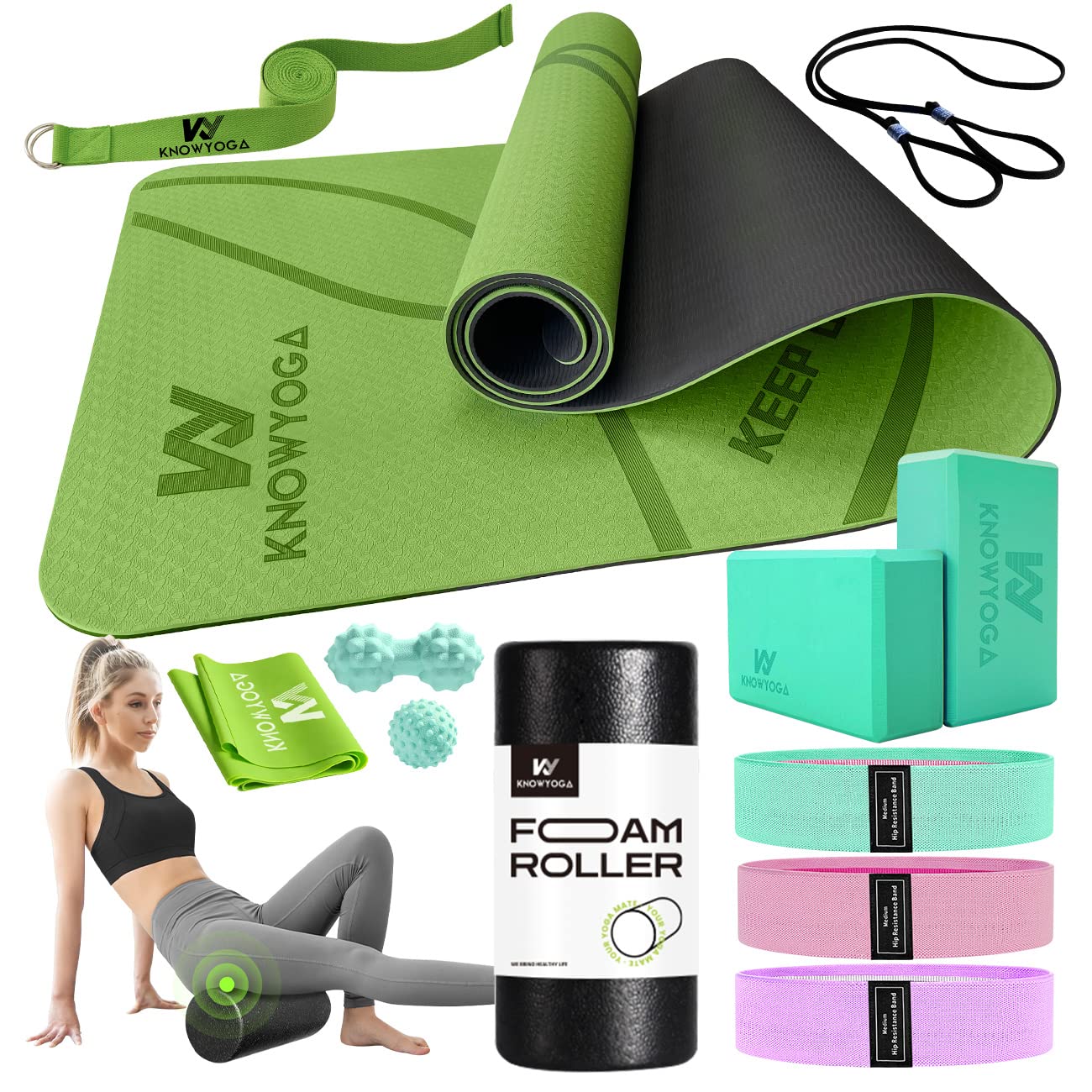 Yoga Starter Kit 12 in 1 - Yoga Set Include Yoga Mat, Foam Roller, 4 Resistance Bands, Yoga Blocks 2 Pack with Strap, 2 Peanut Massage Balls, Yoga kit and Sets for Beginners