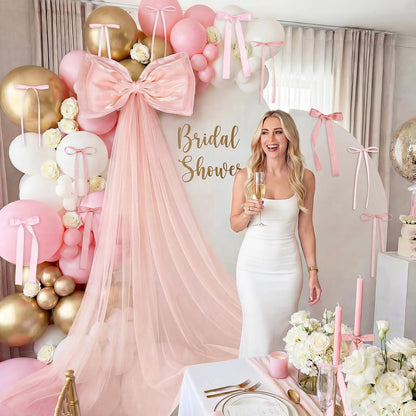 Skiennix 13Pcs Large Pink Pearl Silk Satin Bow Set - 17x55 Inch Giant Bow & 12 Small Satin Bows for DIY Decor