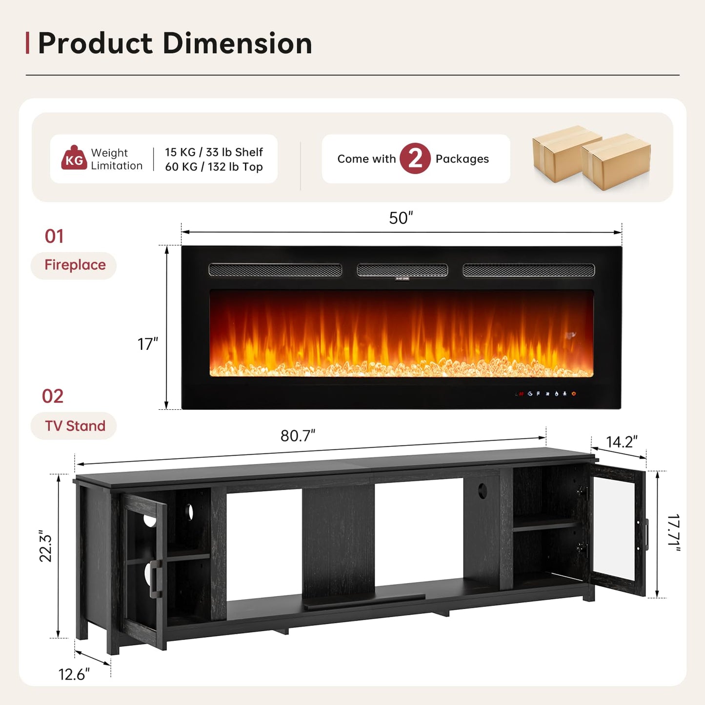 OneBlis 80" Fireplace TV Stand, Modern Entertainment Center with 50" Electric Fireplace for TVs Up to 90", TV Console for Living Room, All Black