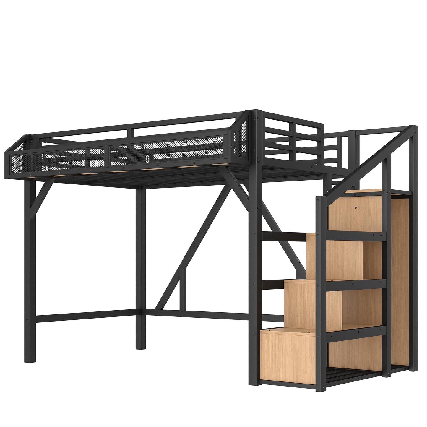 Bellemave Twin XL loft Bed with Storage Stairs, Wardrobe, Shelves, Metal Twin XL Size Loft Bed Frame for Adults, Kids, Teens, Black+Natural Wood