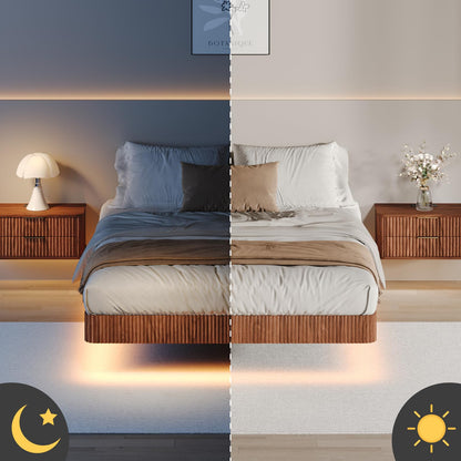 KEIKI Queen Size Floating Bed Frame with LED Lights, Wave Curve Wood Texture and Heavy Duty Metal Slats – Modern Queen Floating Bed Frame with Headboard – Walnut