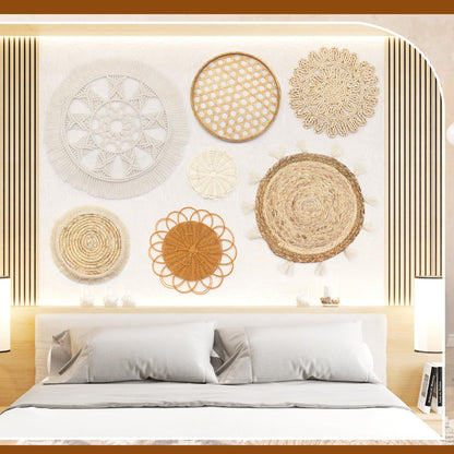 iChuan Boho Wall Hanging Basket Decor Set – 10-Piece Macrame and Woven Wall Art, Handmade Tapestry Wall Decor Seagrass Ornaments Round Tassels for Living Room, Bedroom, Nursery