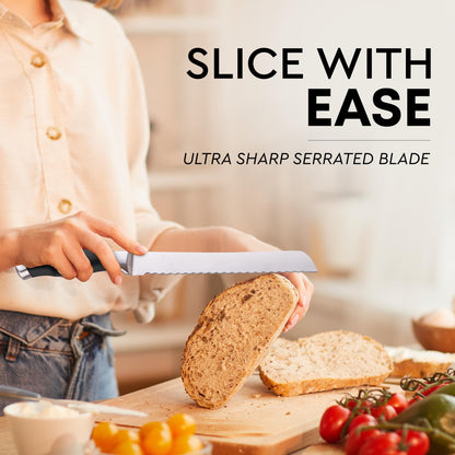 Zulay Kitchen Serrated Bread Knife - Ultra Sharp Stainless Steel Bread Knife for Homemade Bread, Cakes & Bagels - Razor Sharp Wavy Edge Bread Cutter & Slicer - 8-Inch Blade with 5-Inch Handle - Black