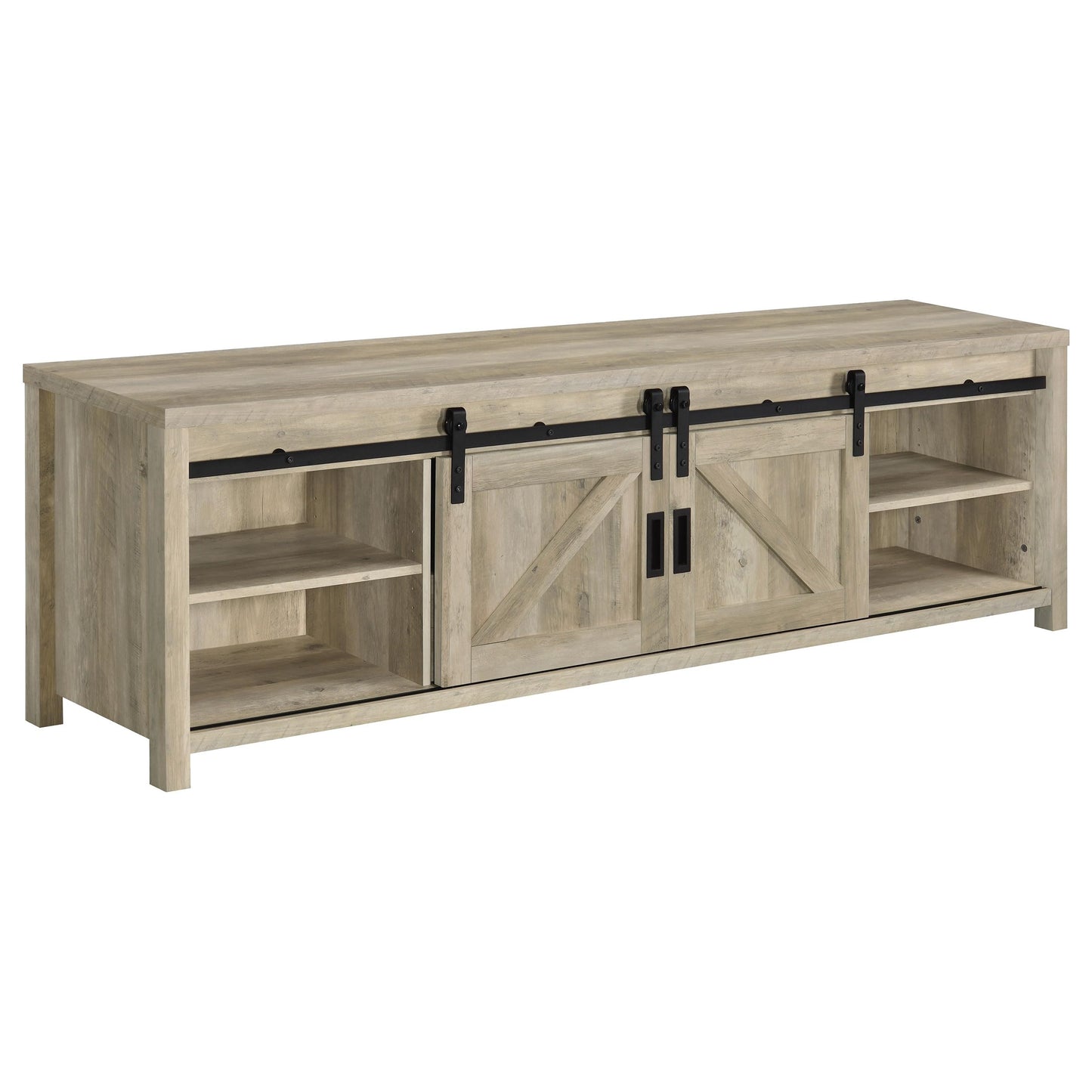Coaster Home Furnishings - Madra - Engineered Wood - 79-Inch 2-Door TV Stand with Sliding Barn Doors, Open Shelves - Living Room - Distressed Pine - 736263