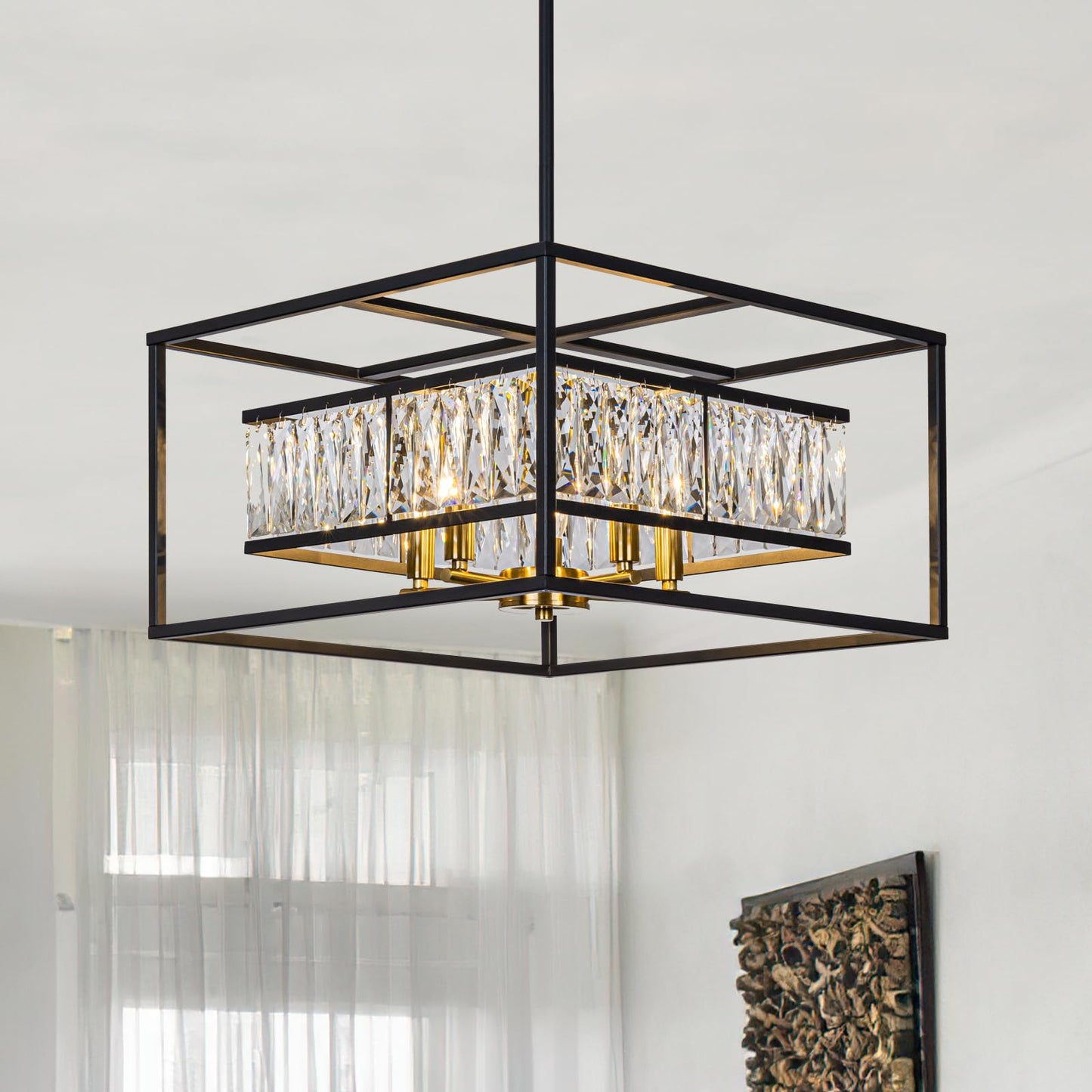 Vezzio Crystal Chandelier for Foyer Entryway，5-Light Black Modern Farmhouse Pendant Chandelier, Contemporary Hanging Light Fixture for Dining Room Living Room Bedroom Kitchen Island
