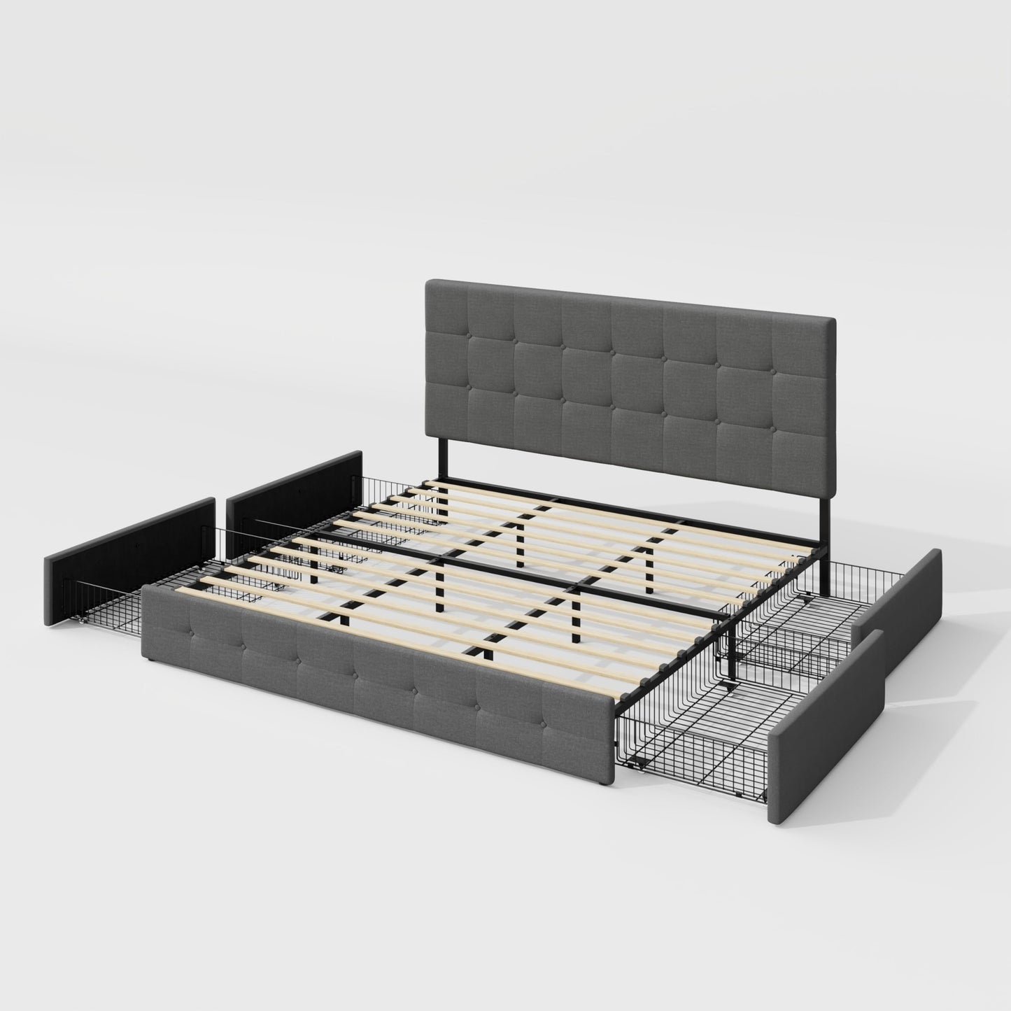 Allewie Upholstered King Size Platform Bed Frame with 4 Storage Drawers and Headboard, Square Stitched Button Tufted, Mattress Foundation with Wooden Slats Support, No Box Spring Needed, Light Grey