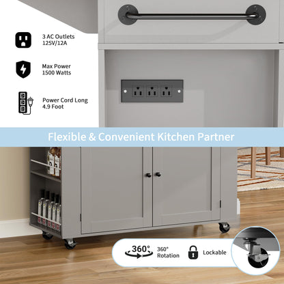 GarveeHome Rolling Kitchen Island with Drop Leaf Countertop, Charging Station & Ample Storage - 47.2 in Mobile Kitchen Cart On Wheels with Pull-Out Shelves, Drawers, Spice Rack & Organizer Divider