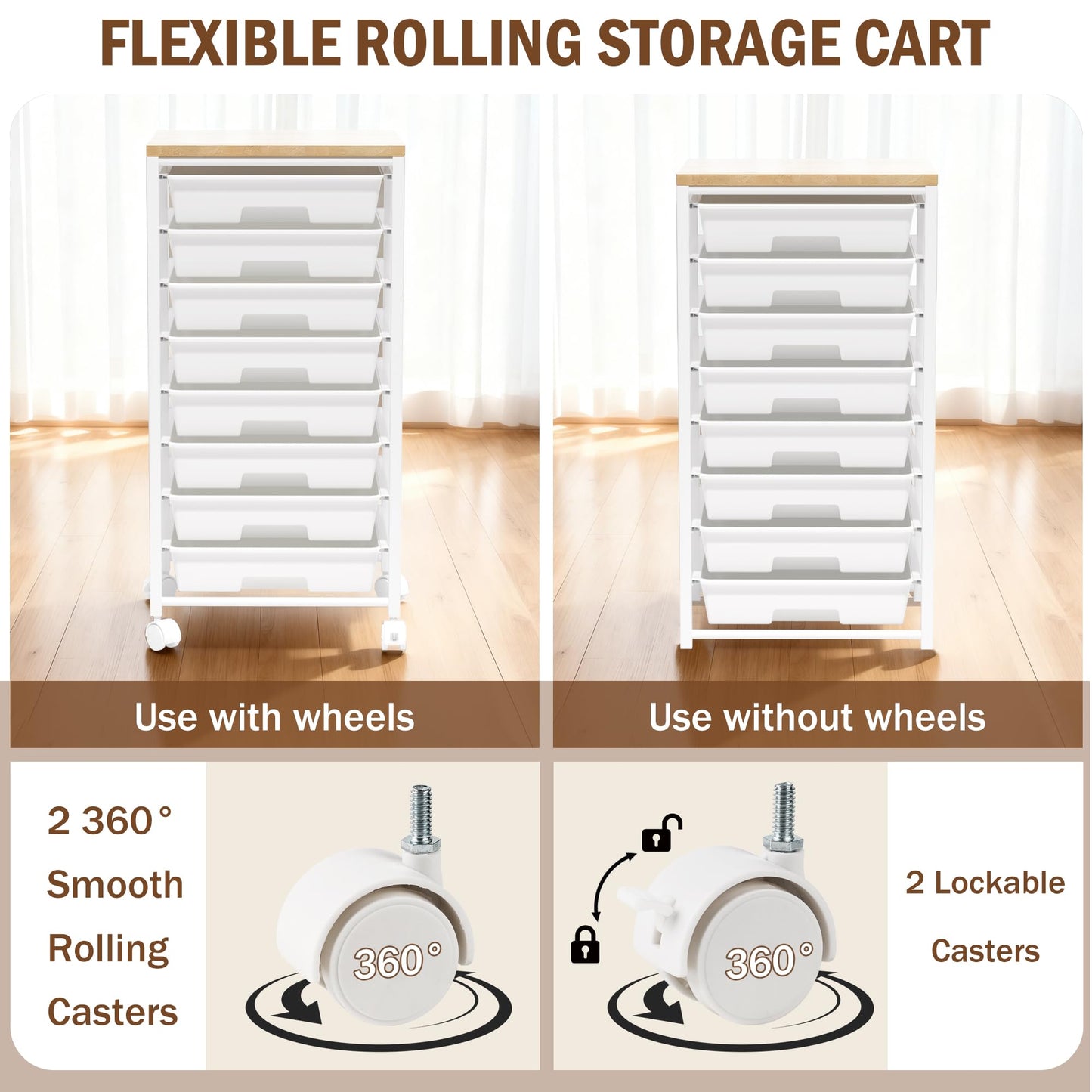 Rolling Cart with 8 Drawers, Storage Drawers Cart with Wooden Tabletop and Lockable Wheels, Craft Storage for Living Room, Office, Classroom, Craft Room, Bedroom