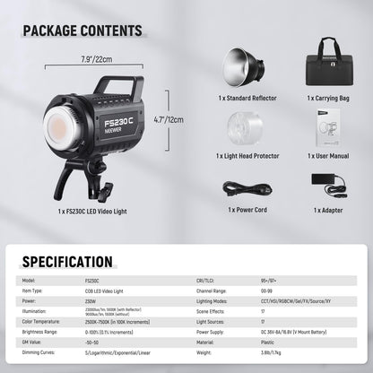 NEEWER 230W High Power RGB LED Video Light, APP/2.4G Control, 2500K-7500K 23000lux/1m COB Continuous Output Lighting, 17 Effects CRI95+ Bowens Spotlight for Studio Photography Video Recording, FS230C