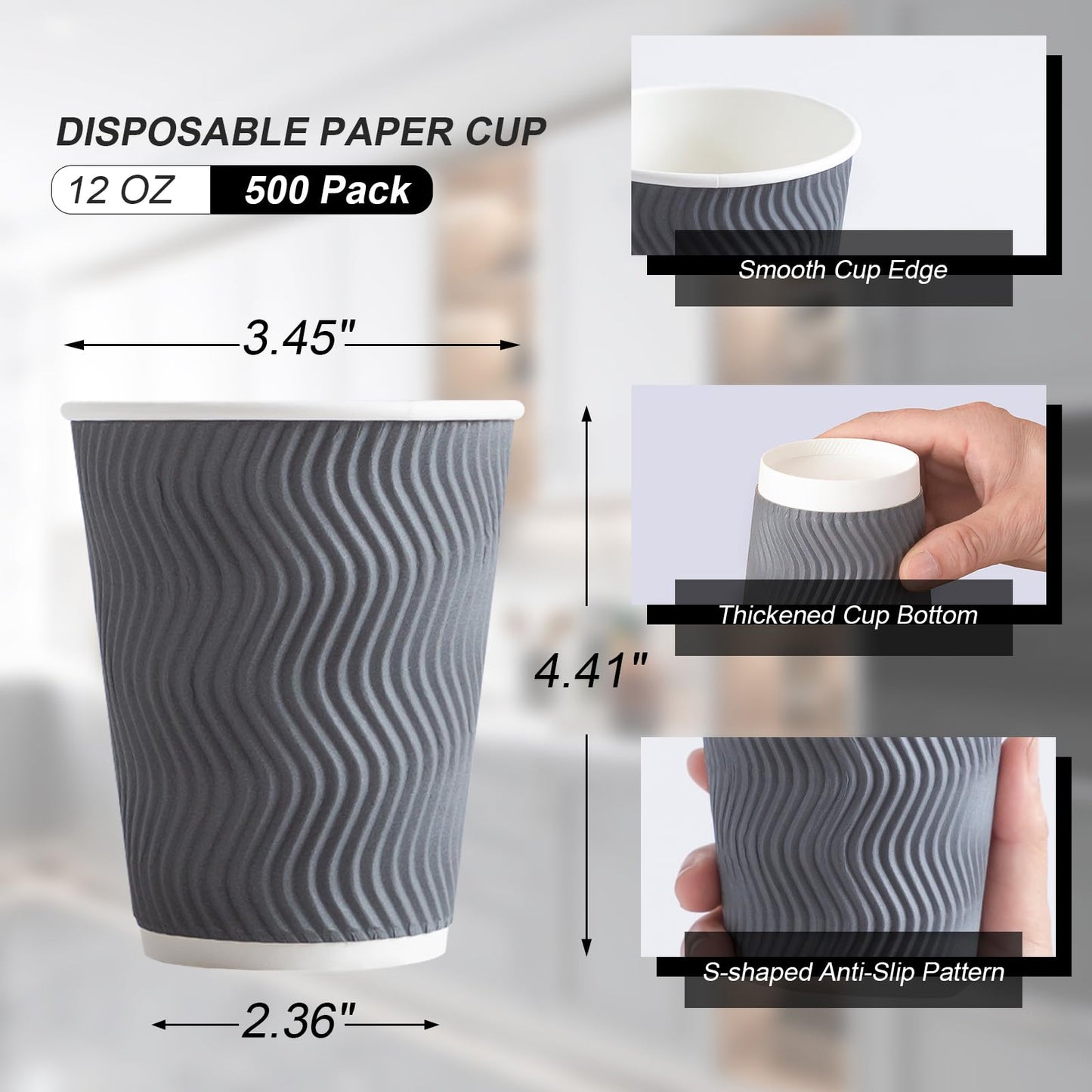 Lamosi 500 Count 12 oz Insulated Coffee Cups Bulk, Disposable Paper Cups No Lids 12oz, Corrugated Ripple Wall Design for Hot Beverage, Office, Hotel, Catering, Events, Cafe Bar Use (Grey)