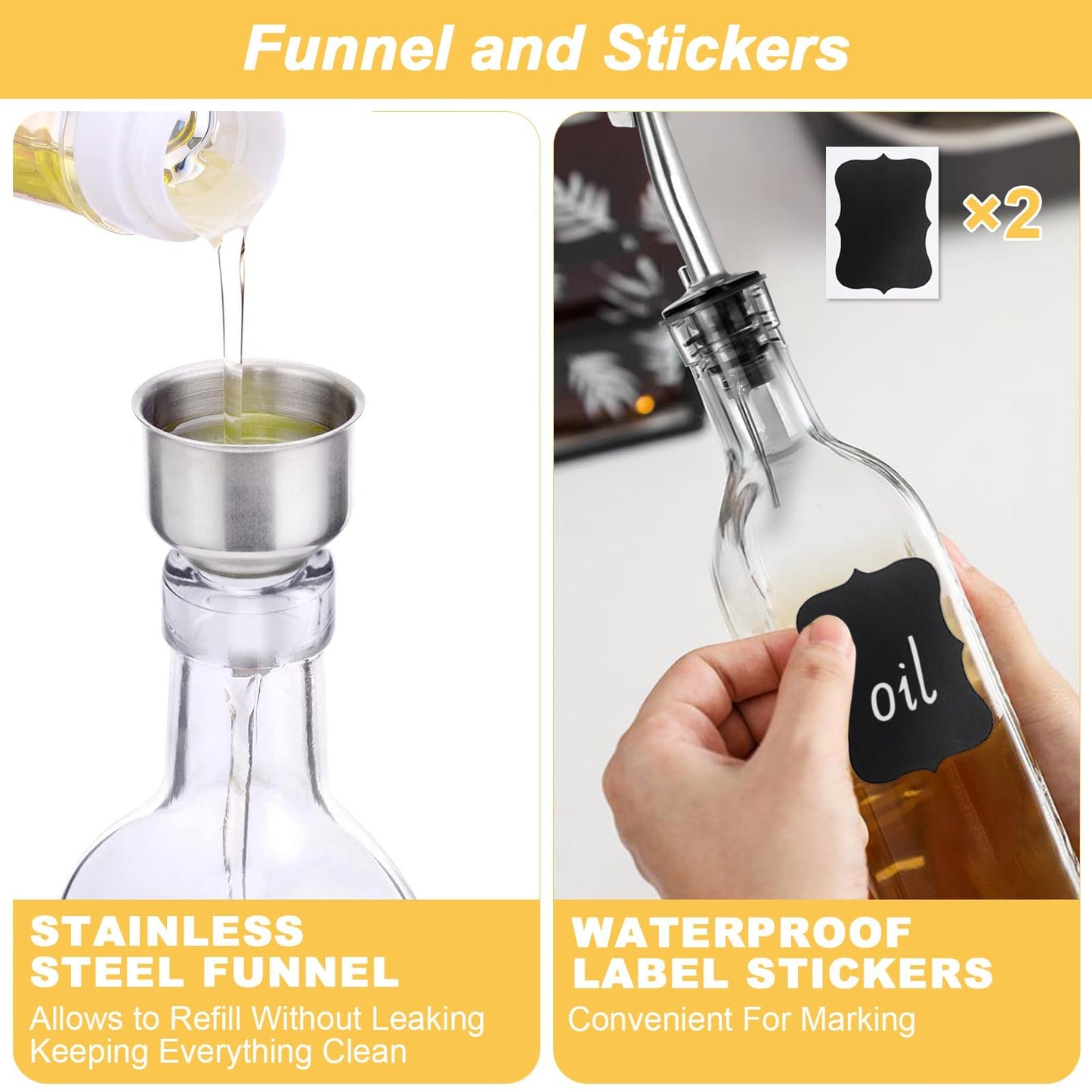 TFPOGOLD Olive Oil Dispenser Bottle - 500ml Glass Oil and Vinegar Bottles Set for Kitchen with 2 Stainless Steel Pourers, Funnel, Brush and 2 Labels, Kitchen Oil Bottles with Drip-Free Design