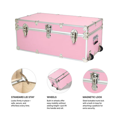 Large Essential Trunk With Wheels, Tray, & Lid Organizer - 32"x18"x14", 1000+ lbs Capacity. Strong, USA Made Summer Camp Footlocker, and Secure College Dorm Storage Chest