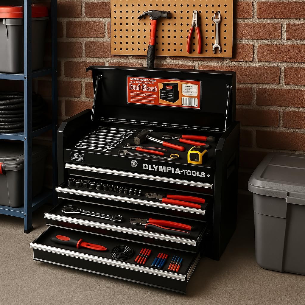 Olympia Tools 26-Inch 4-Drawer Portable Tool Chest, Metal Storage Organizer Box, Black - Work Toolbox for Home Garage and Workshop with Locking Lid and Ball Bearing Slides