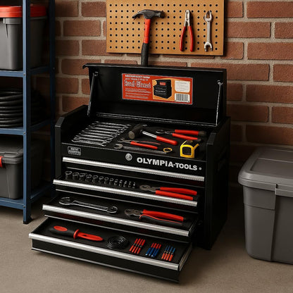 Olympia Tools 26-Inch 4-Drawer Portable Tool Chest, Metal Storage Organizer Box, Black - Work Toolbox for Home Garage and Workshop with Locking Lid and Ball Bearing Slides