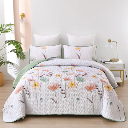 Set 2 Set Sets 68"x86" Dinjoy Floral Quilt Twin Size,Sage Green Bedspreads for Girls Pieces Cute Botanical Bedding