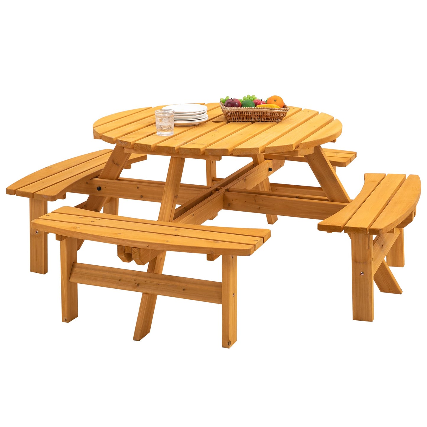 VroomAuto 8 Person Picnic Table Set with Benches, Solid Fir Wood Outdoor Dining Set, 43.3 Inch Round Table and 4 Foldable Benches for Patio Garden Camping, Natural Finish