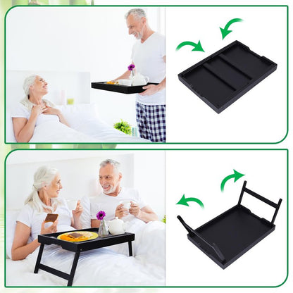 Artmeer Bed Tray Table with Folding Legs, Bamboo Breakfast Food Tray with Media Slot, Use As Platter, Laptop Desk, Snack, TV Tray Kitchen Serving Tray (Black Extra-Large Size)