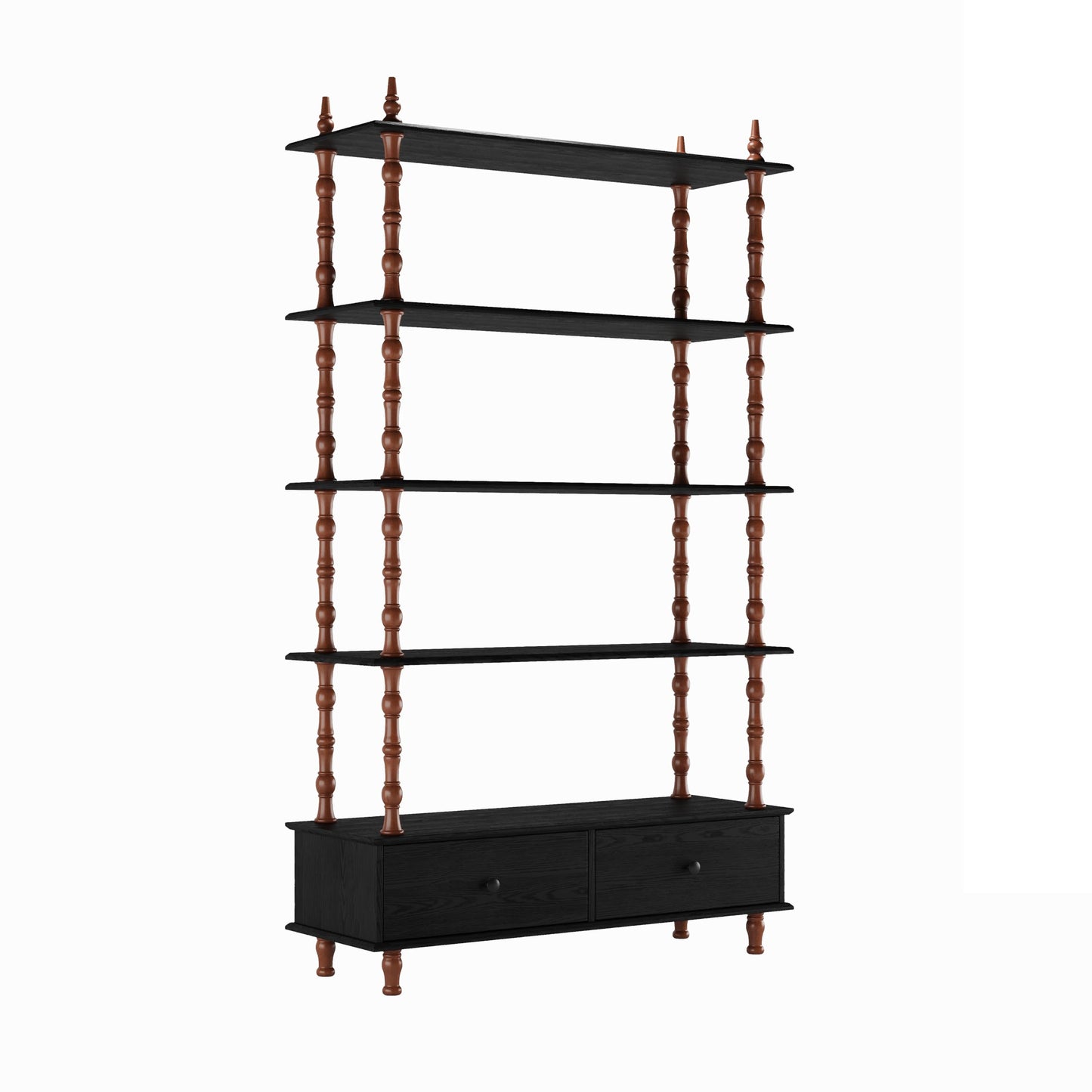 KEIKI 74.4 Inch Bookcase Shelf, 5 Tier Wood Book Shelf, Large Open Shelves with Storage Drawers, Solid Wood Veneered Free Standing Shelves for Living Room, Study Room, Black